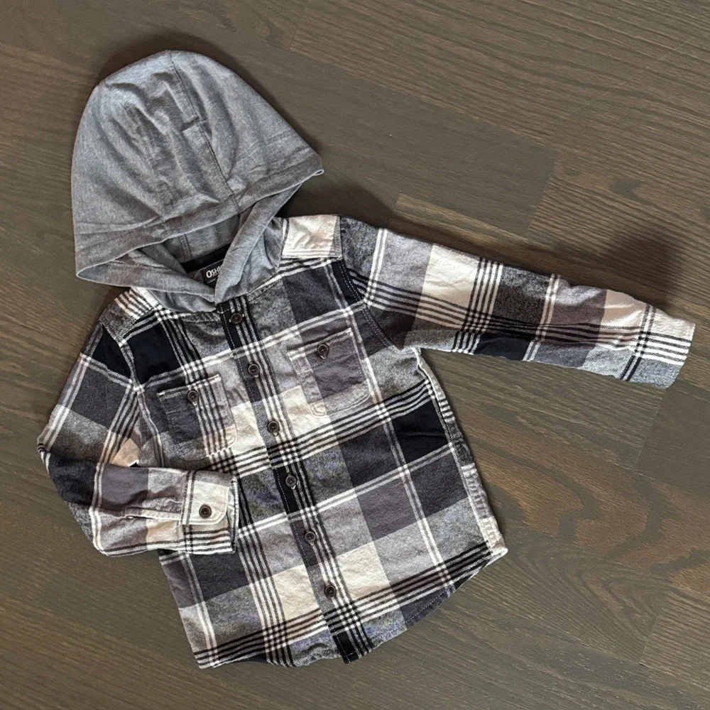 OshKosh B'gosh Black, Gray & White Hooded Flannel Shirt | 3T
